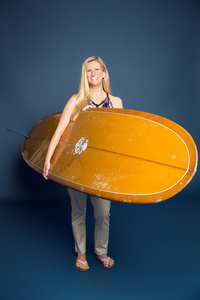 Amanda and her surfboard photographed in Wakefield, RI