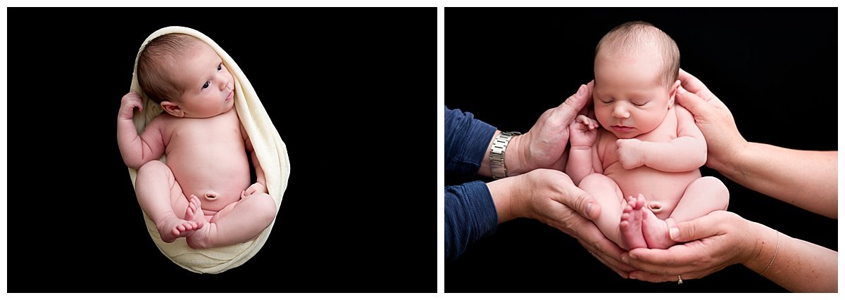 Newborn baby girl photographed on a black background.  In one image she is wrapped in a cream colored wrap and in the other she is being cradled by her parents' hands.