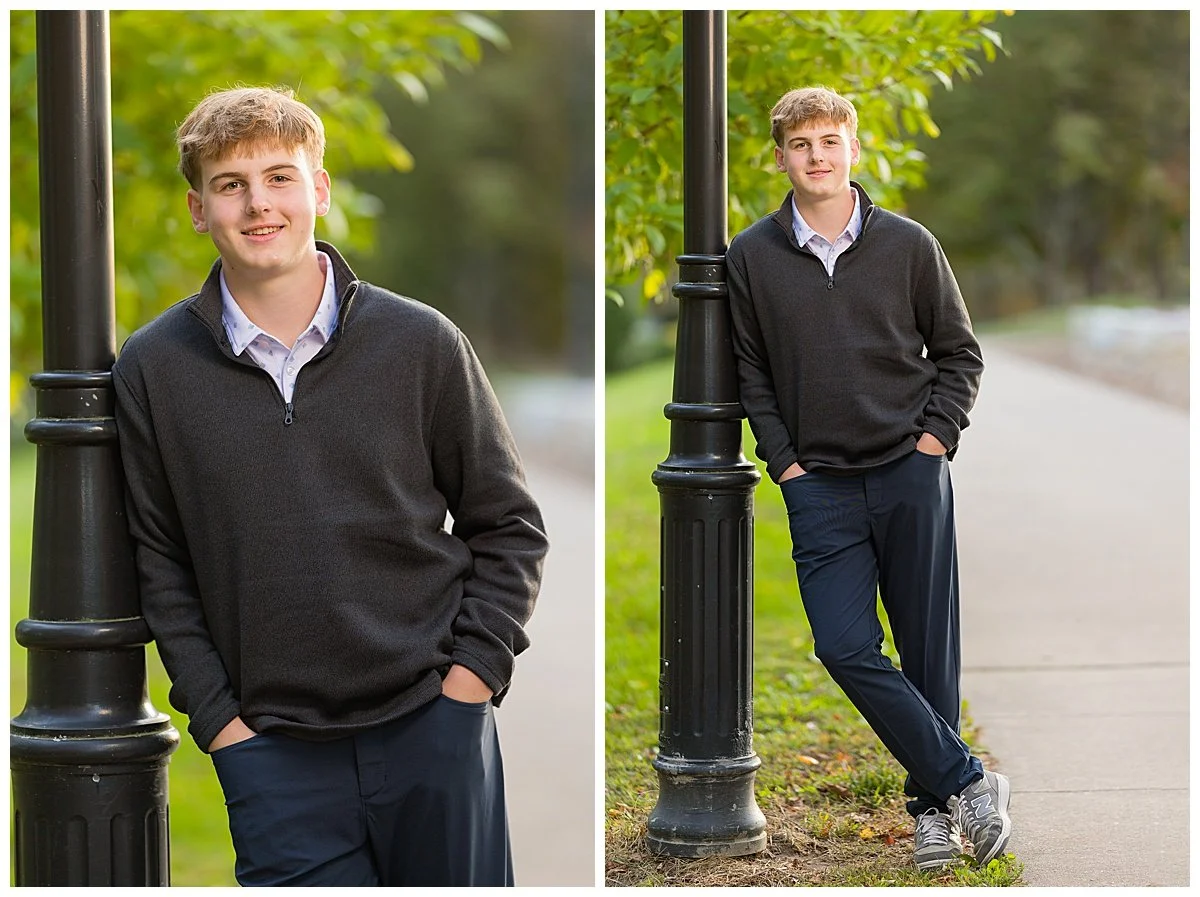 Two portraits of a high school senior boy with blond hair, gray sweater, and blue pants.  Photos are taken in Wilcox Park in Westerly, RI.  The boy is leaning against a black lamppost with green trees behind him.