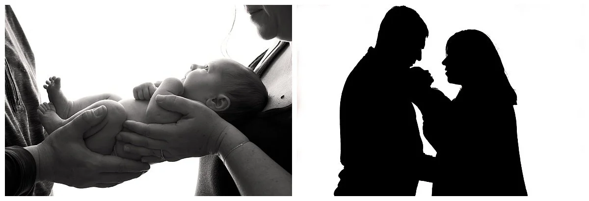 Black and white images of parents holding their newborn baby girl against a white background