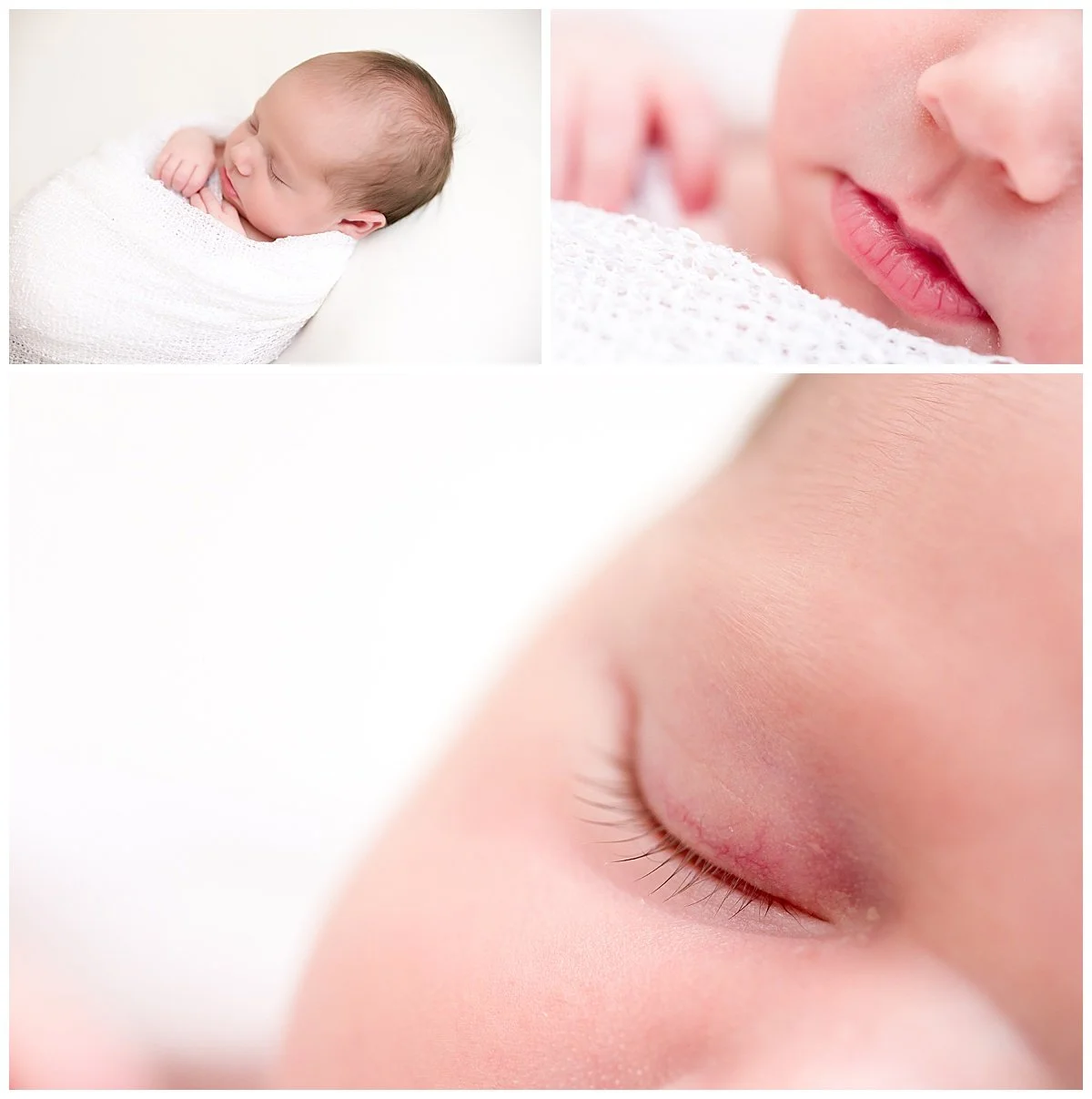 Newborn baby girl photographed on a white background.  Photos show details of baby's eyelashes and lips.