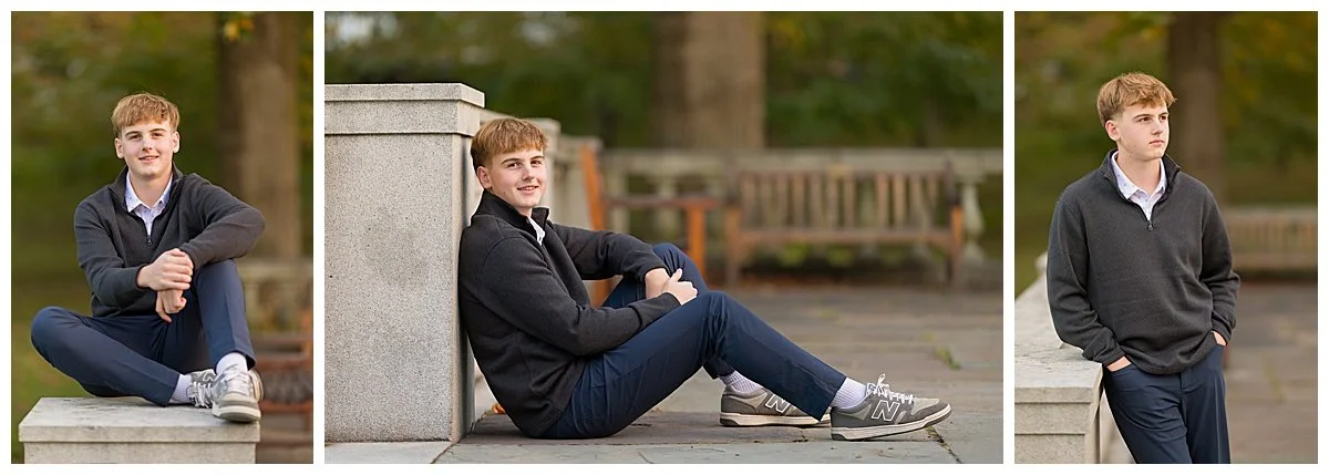 Three portraits of a high school senior boy with blond hair, gray sweater, and blue pants.  He is on the stone patio of Westerly Public Library.