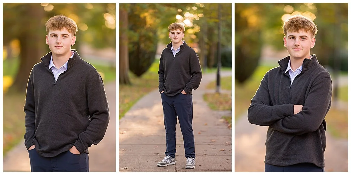 Three portraits of a high school senior boy with blond hair.  He is backlit and standing on a path with blurred trees behind him.  The photos were taken at Wilcox Park in Westerly, RI