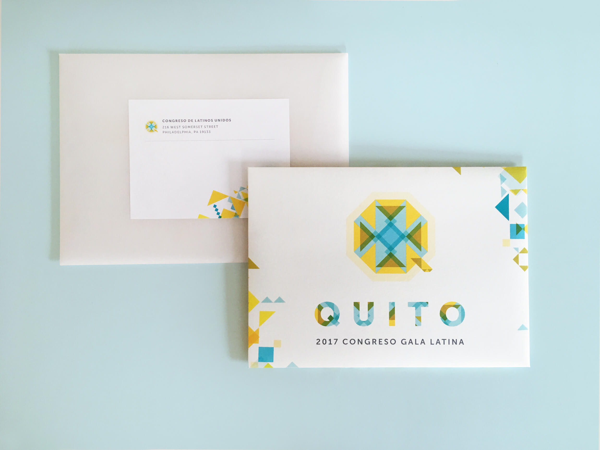 Throughout the collateral, a pattern that was created from the deconstructed layers of the Q from the logo repeats and overlaps to create an exuberant design.