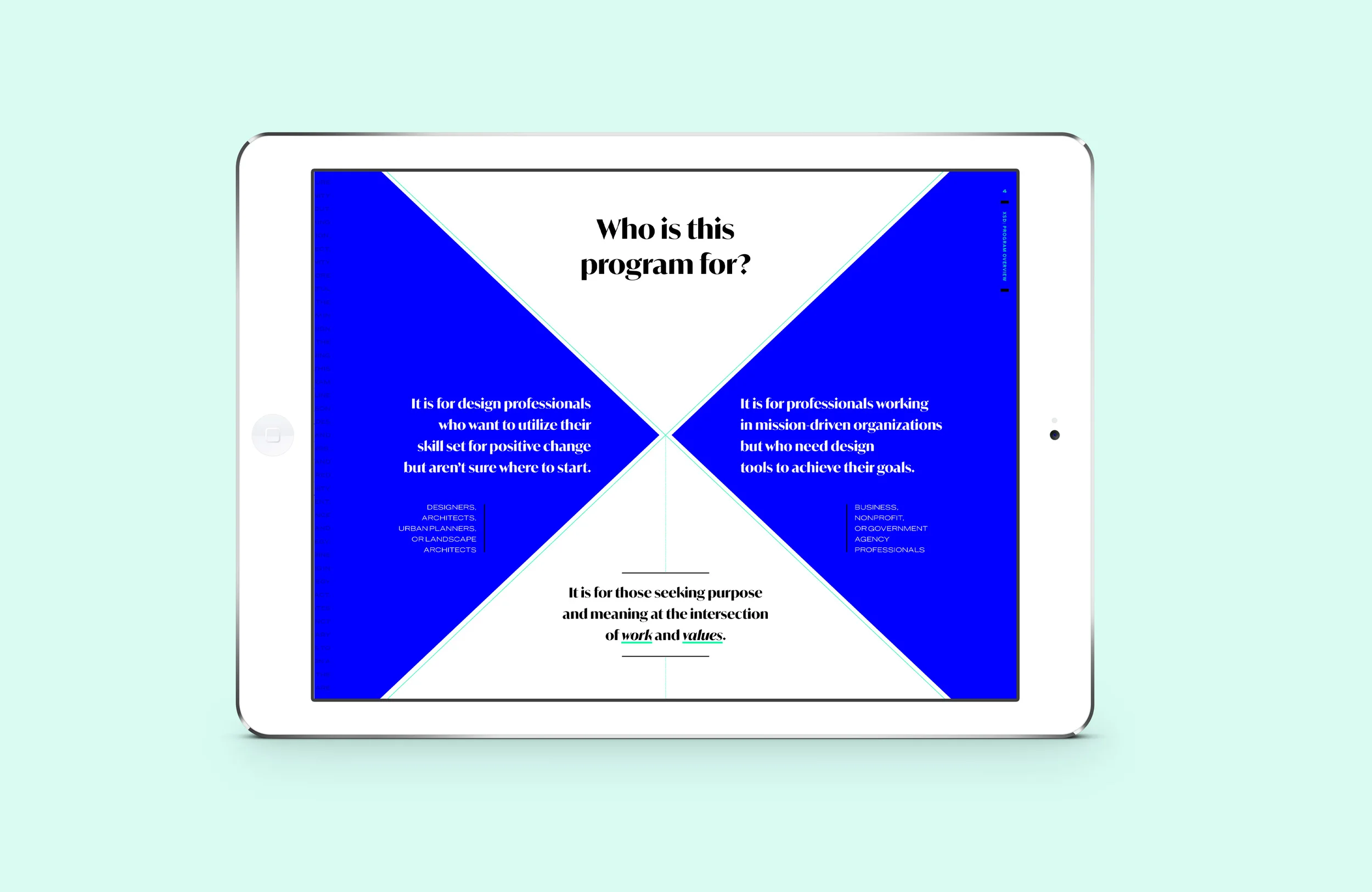 We were designing for designers (always a dream come true), so we went with bold, beautiful serif typefaces mixed with more straight-laced sans serifs.