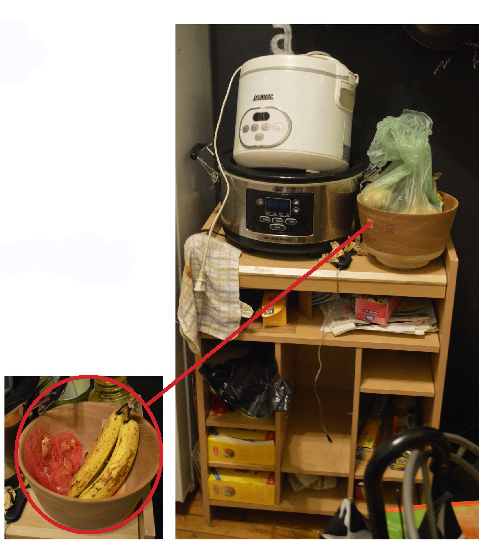 KITCHEN 3: The small compartments on this cart make display difficult. A bowl is used to store vegtables.