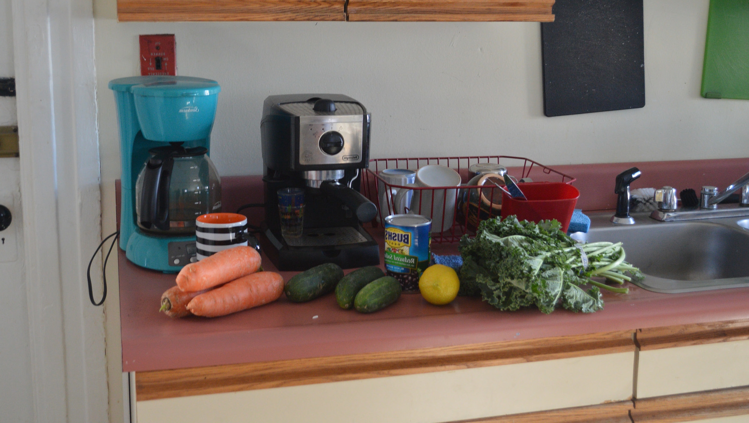 KITCHEN 1: Once groceries were unpacked there was no space to begin to prepare food. Counter top space was used for appliances and washing dishes.