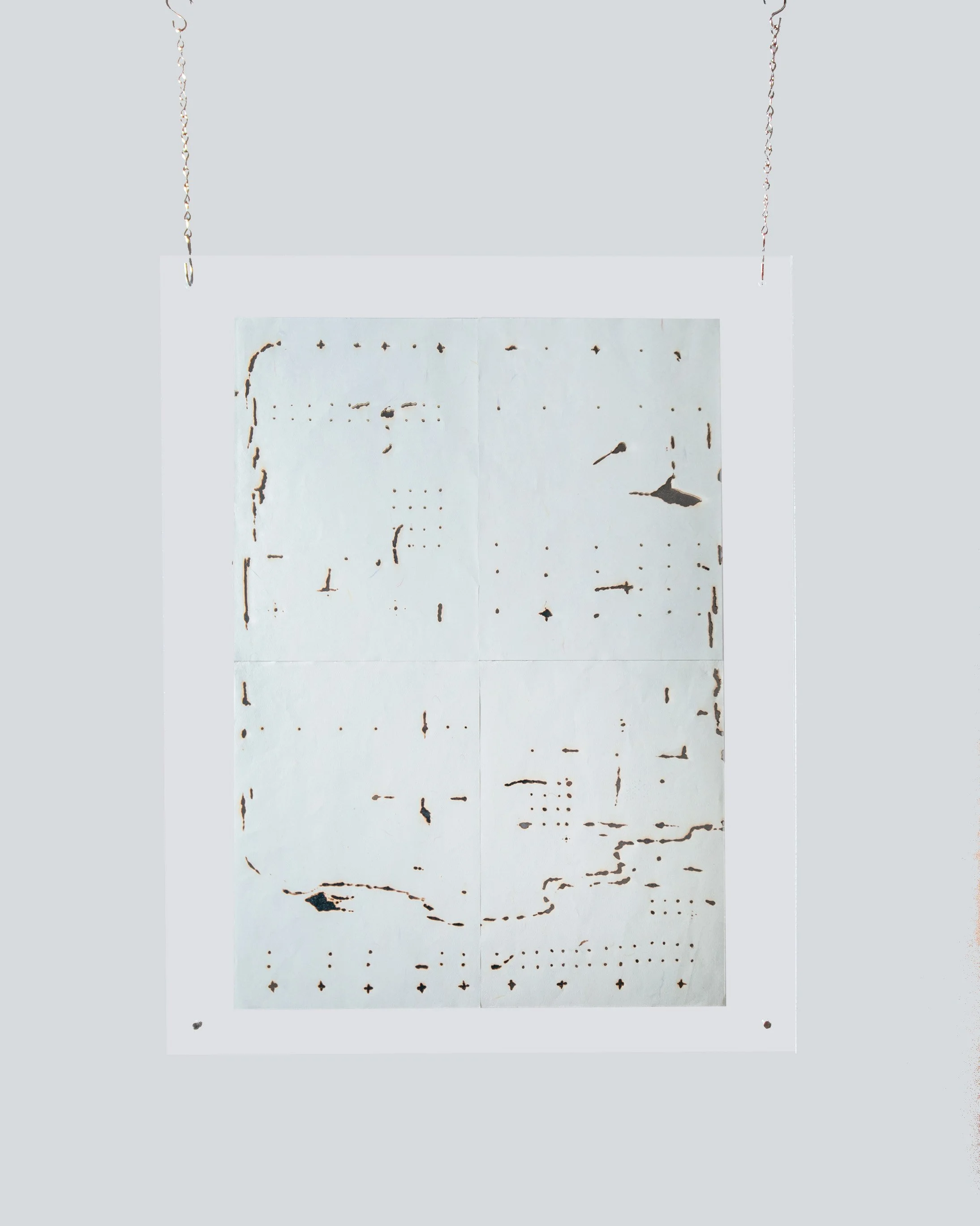 Pale Blue Kyoto I

Incense on A4 stationery, mirrored vinyl, acrylic frame, suspended by chain
23 x 16- 3/8 in
2024