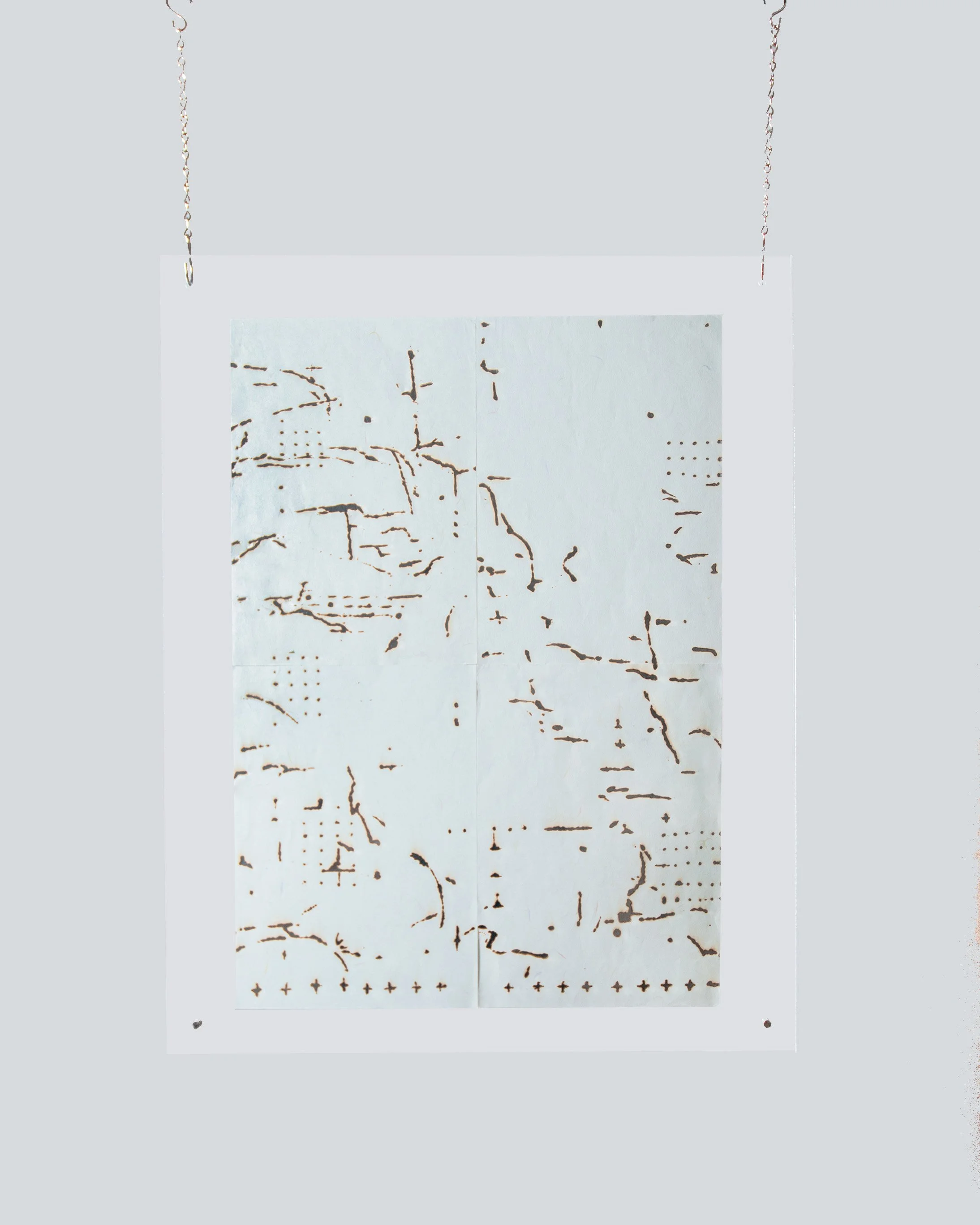 Pale Blue Kyoto II

Incense on A4 stationery, mirrored vinyl, acrylic frame, suspended by chain
23 x 16- 3/8 in
2024
