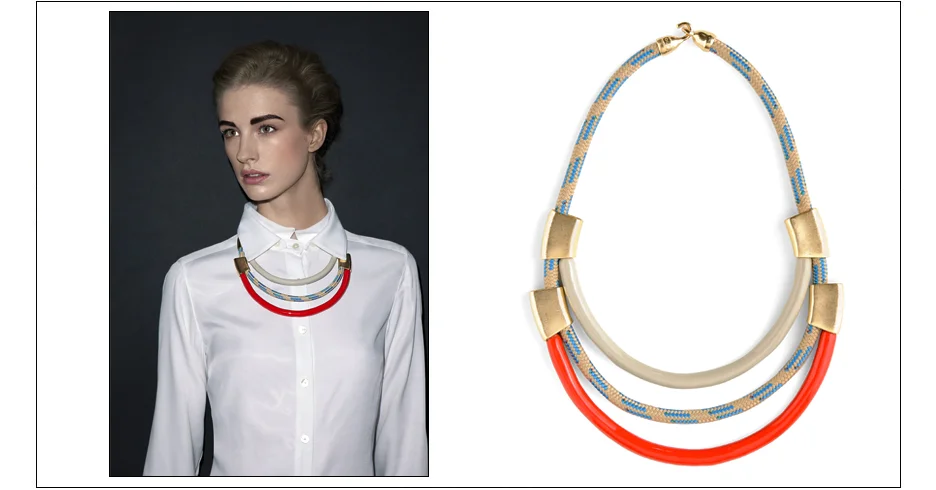  baldwin necklace / enamel coated rope with rope and plated metal tubes 