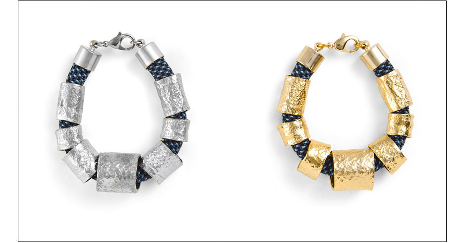 hilda bracelets / rope imprinted metal tubes on rope