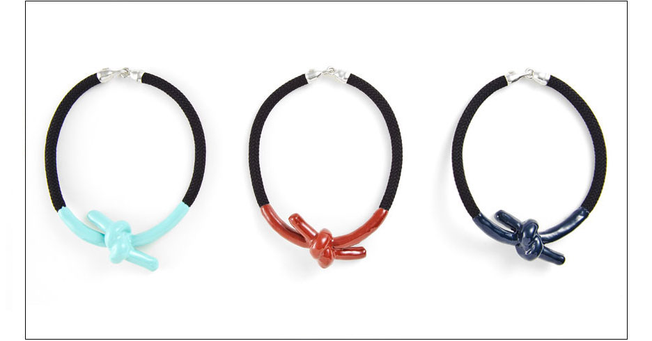 madelaine necklaces / enamel coated knotted rope with metal hooks
