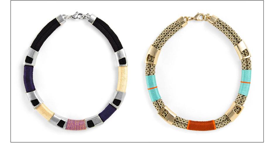 una necklace and salaka necklace / thread wrapped rope with plated metal tubes