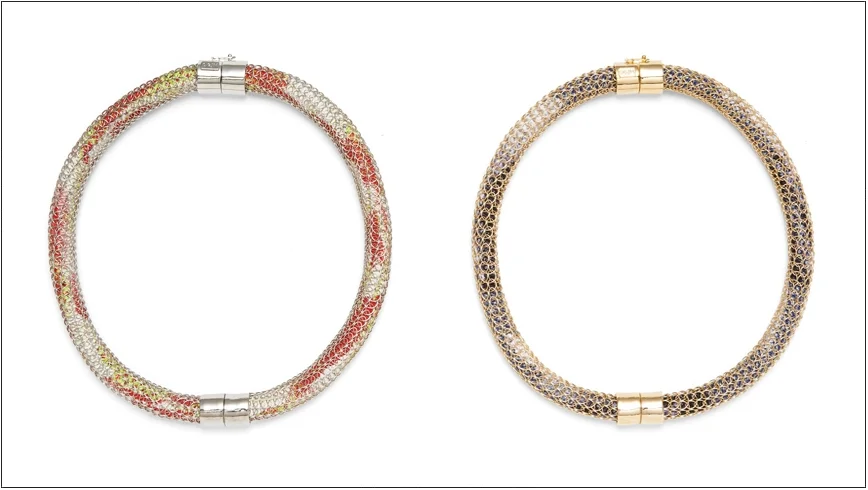  lucian necklaces / painted rope in knitted metal mesh with plated brass clasp   shop  
