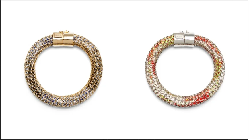  frances bracelets / painted rope in knitted metal mesh with plated brass clasp   shop  