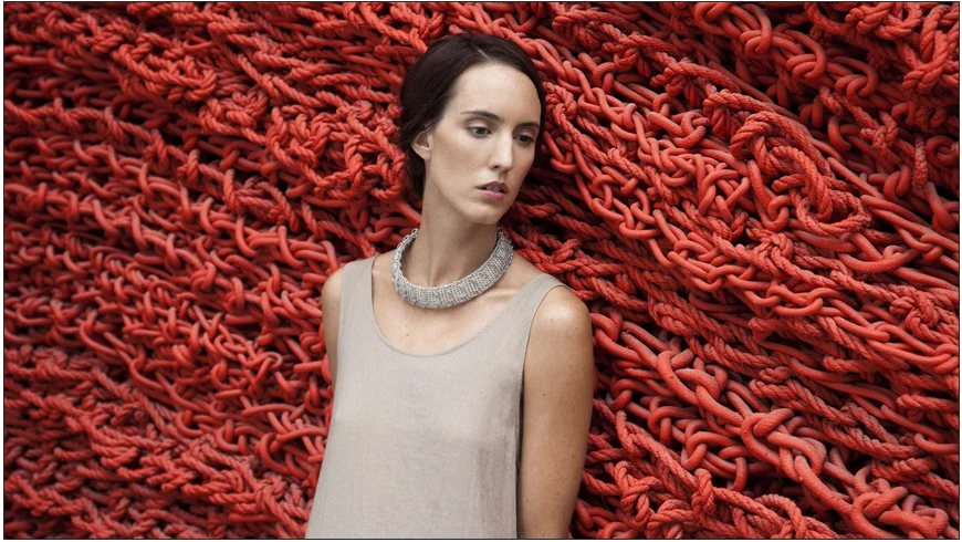  cecil necklace / ribbon and snake chain woven through knitted metal mesh   inquire about availability  