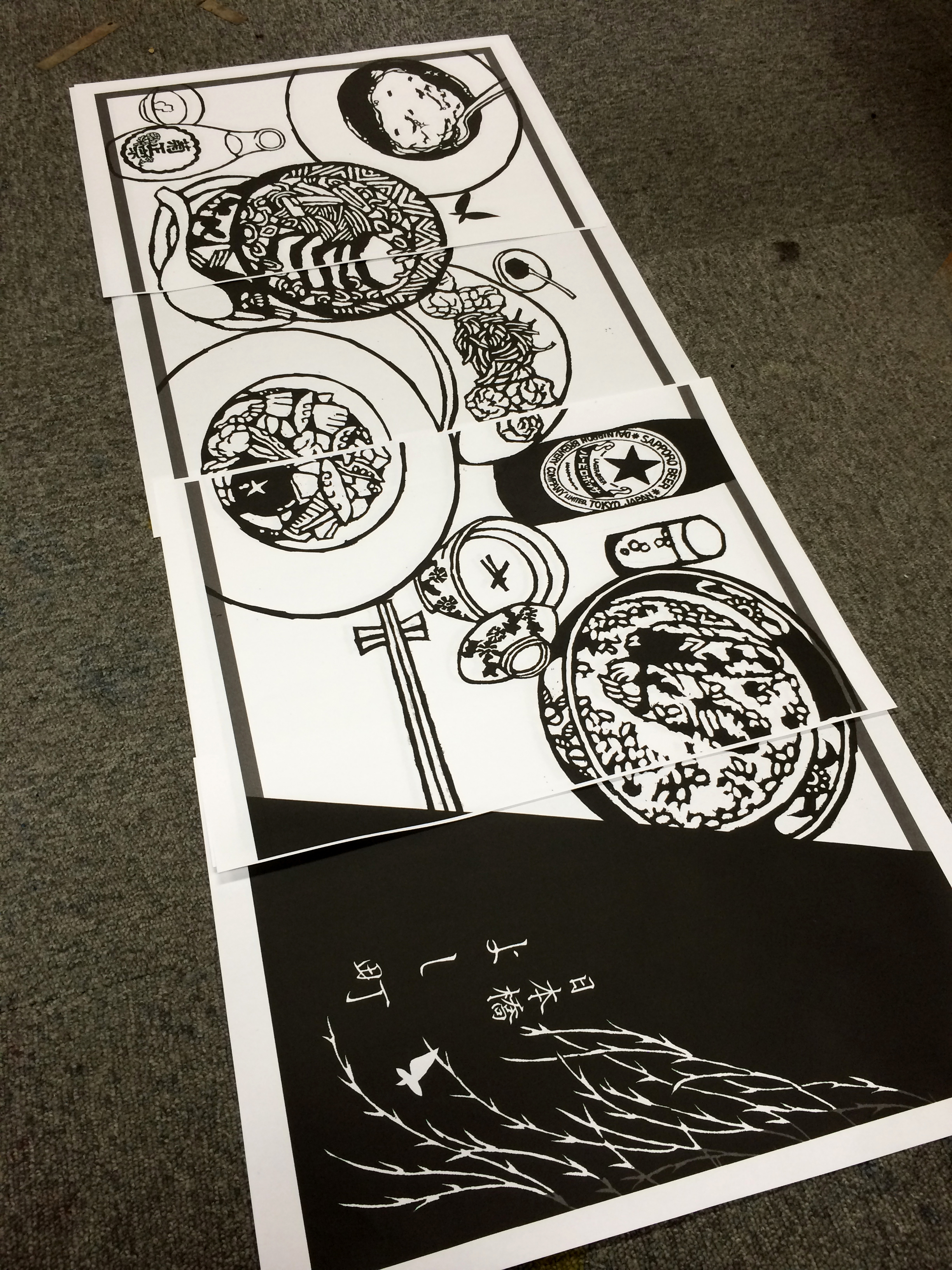 At her studio space in Tokyo, Mitsuko Ogura showed the latest Tenugui custom graphic treatment for a restaurant.