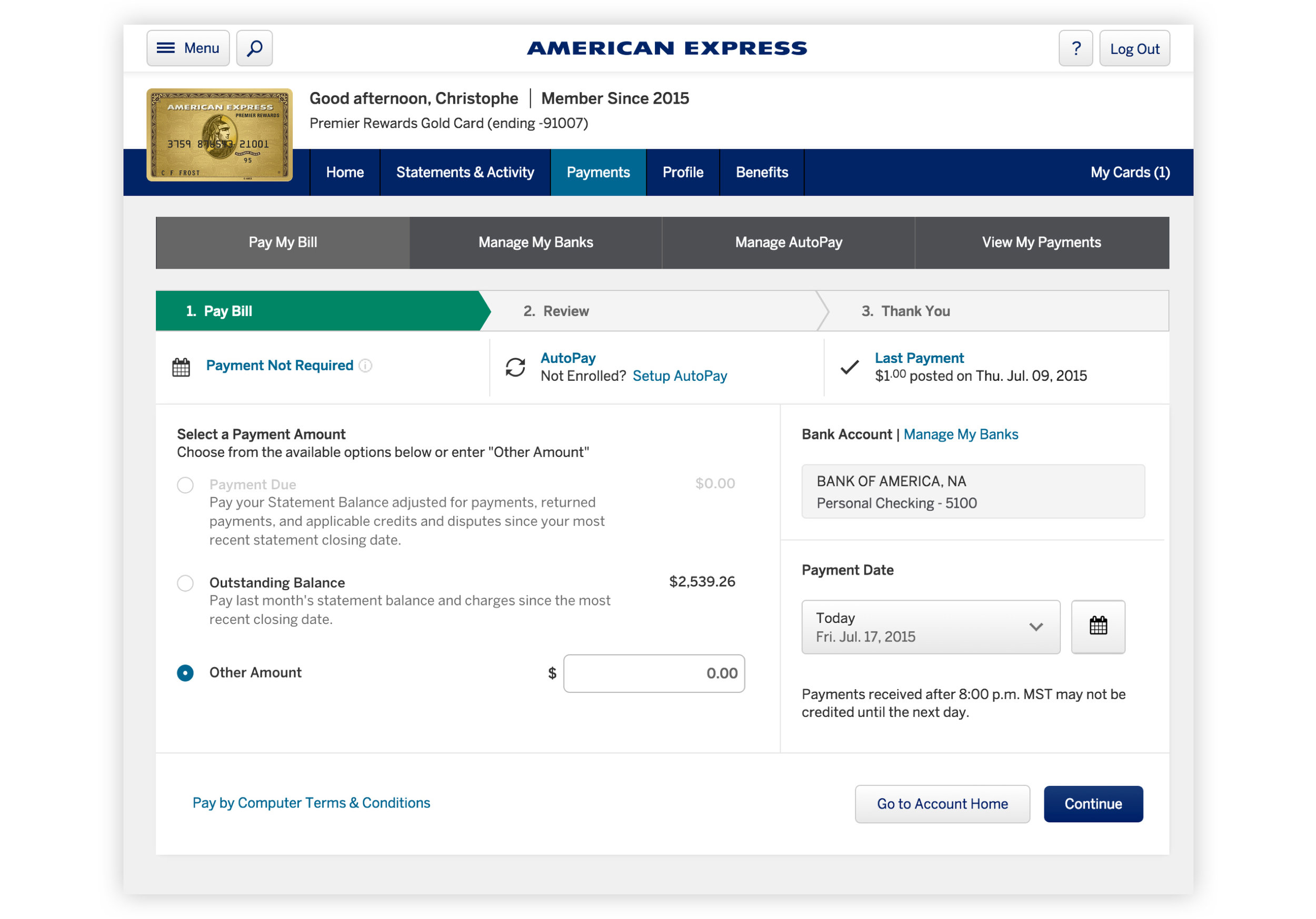Choose the amount you want to pay, manage your linked bank accounts, and select a payment date.