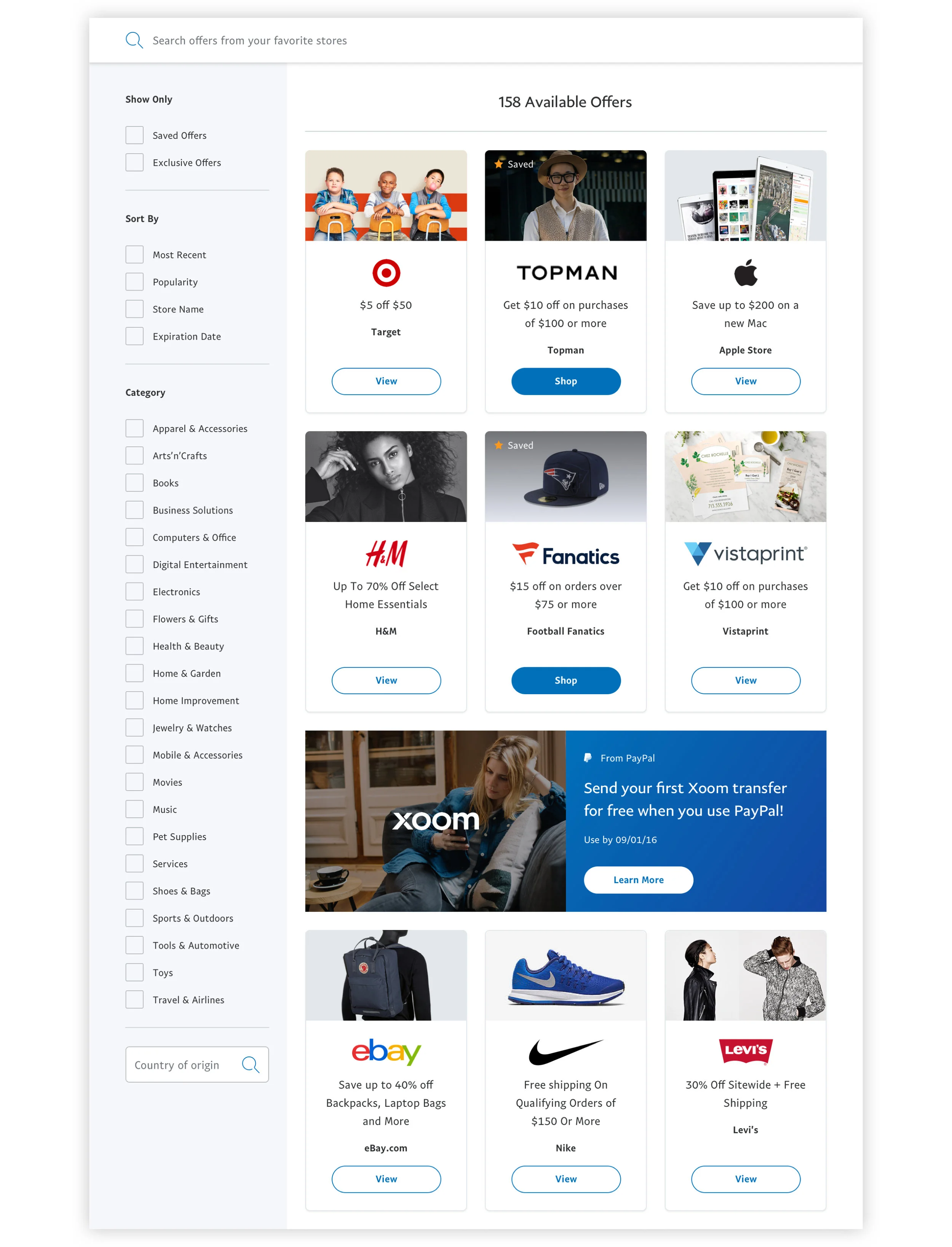 Search, filter, and sort PayPal's wide range of offers.