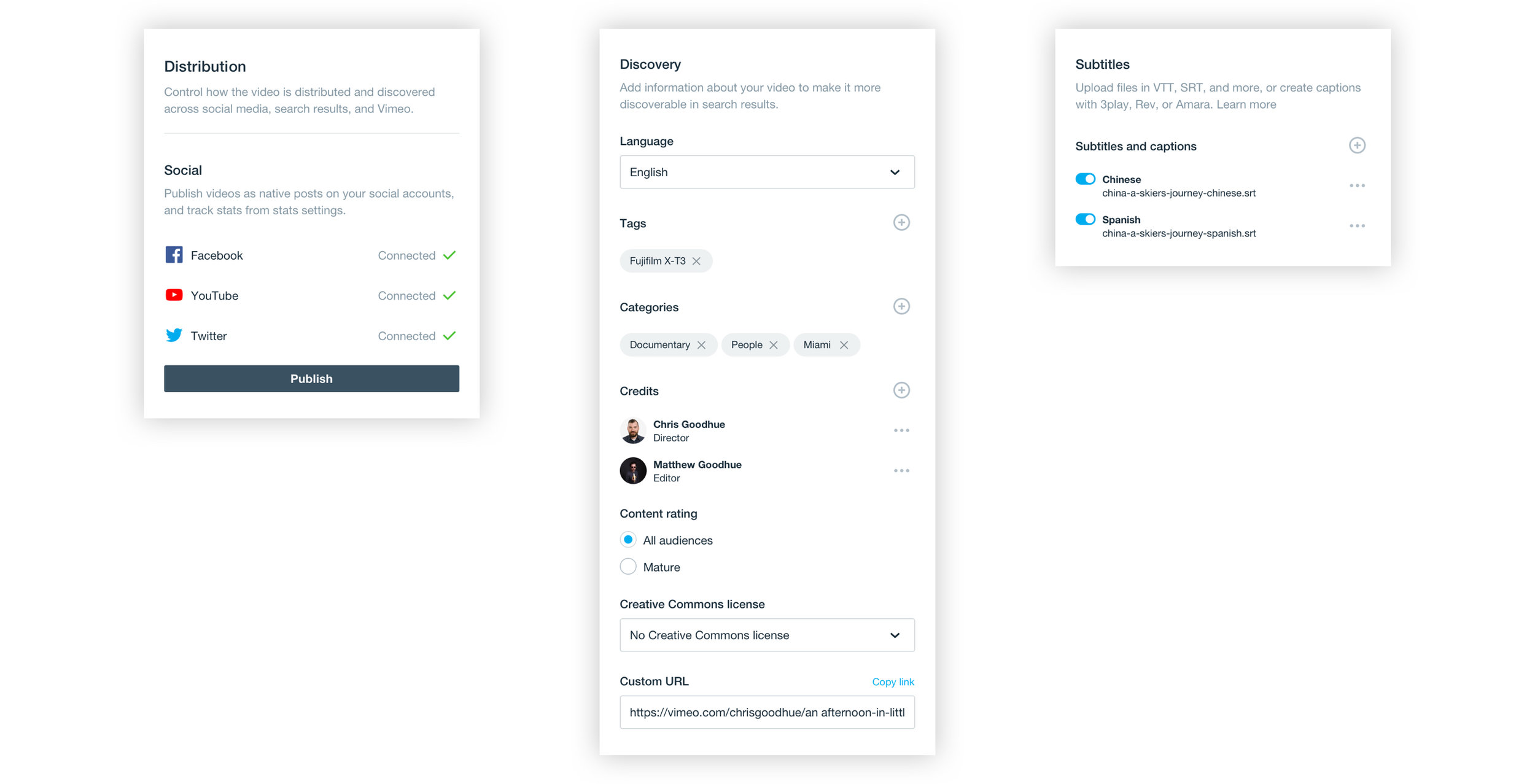 Control how the video is distributed and discovered across social media, search results, and Vimeo.