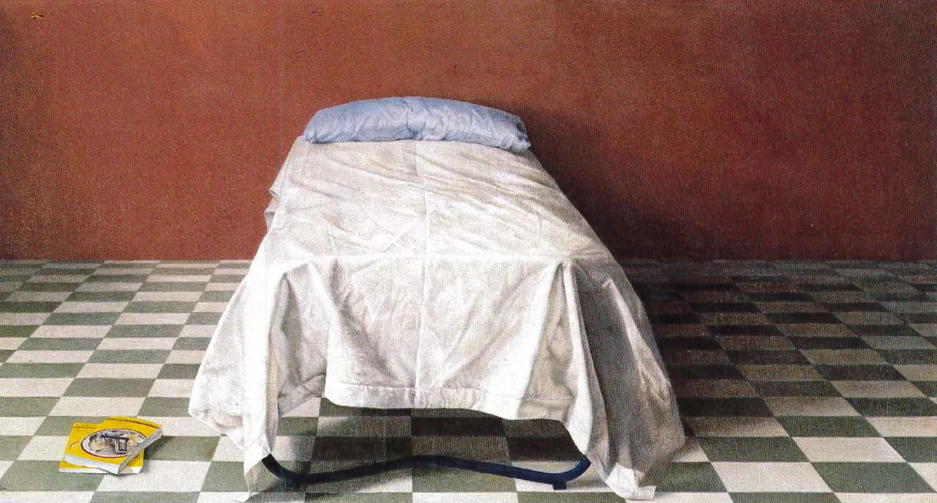  l letto nella stanza rossa , 1976-77 
 Olio su tela 
 57,5 x 108,5 cm 