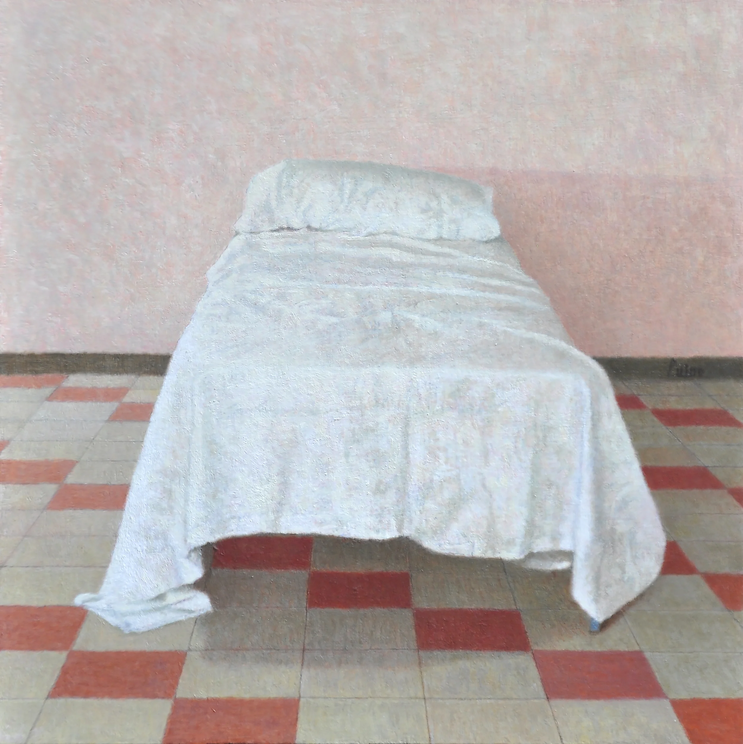   Letto con parete rosa , 2008&nbsp;  Olio su tavola&nbsp;  30 x 30 cm 
