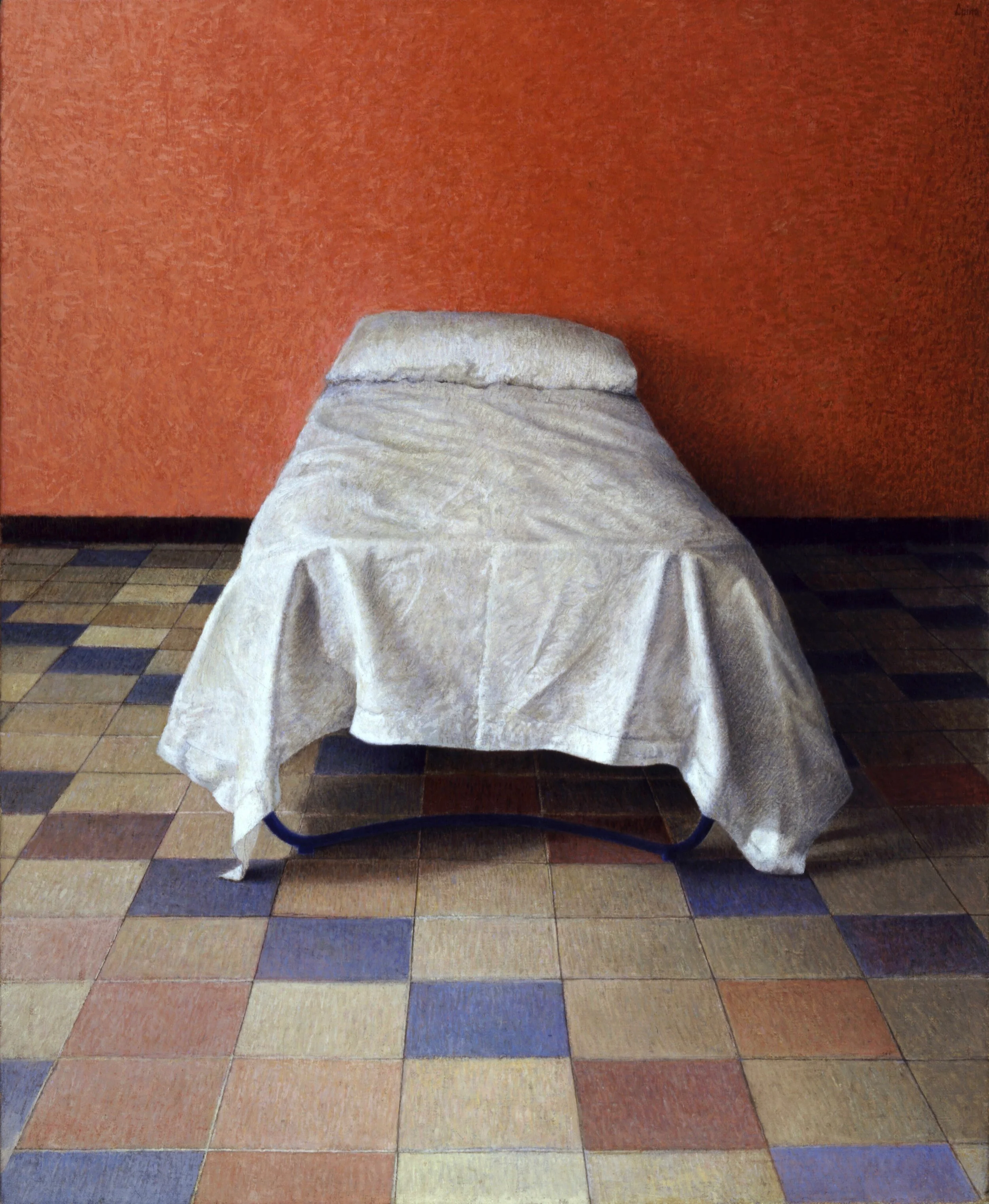   Letto nella stanza rossa , 1985-86  Olio su tela  57,7 x 46,7 cm 
