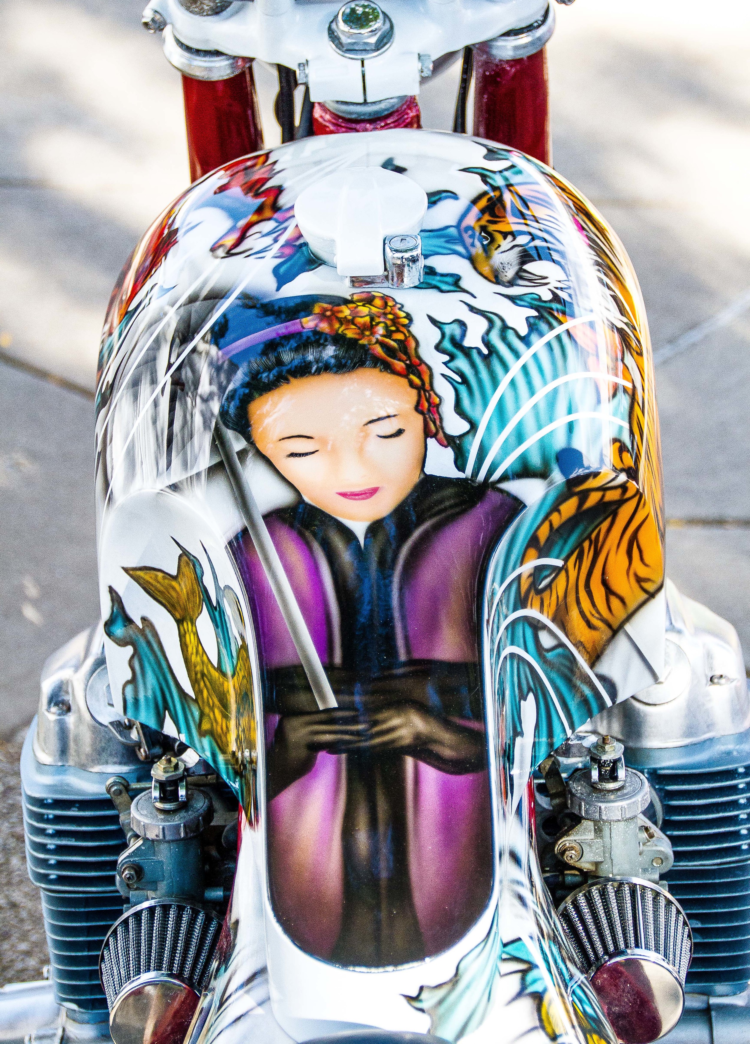  A shot looking down on a gas tank painted by TJ Byard Designs.&nbsp; 