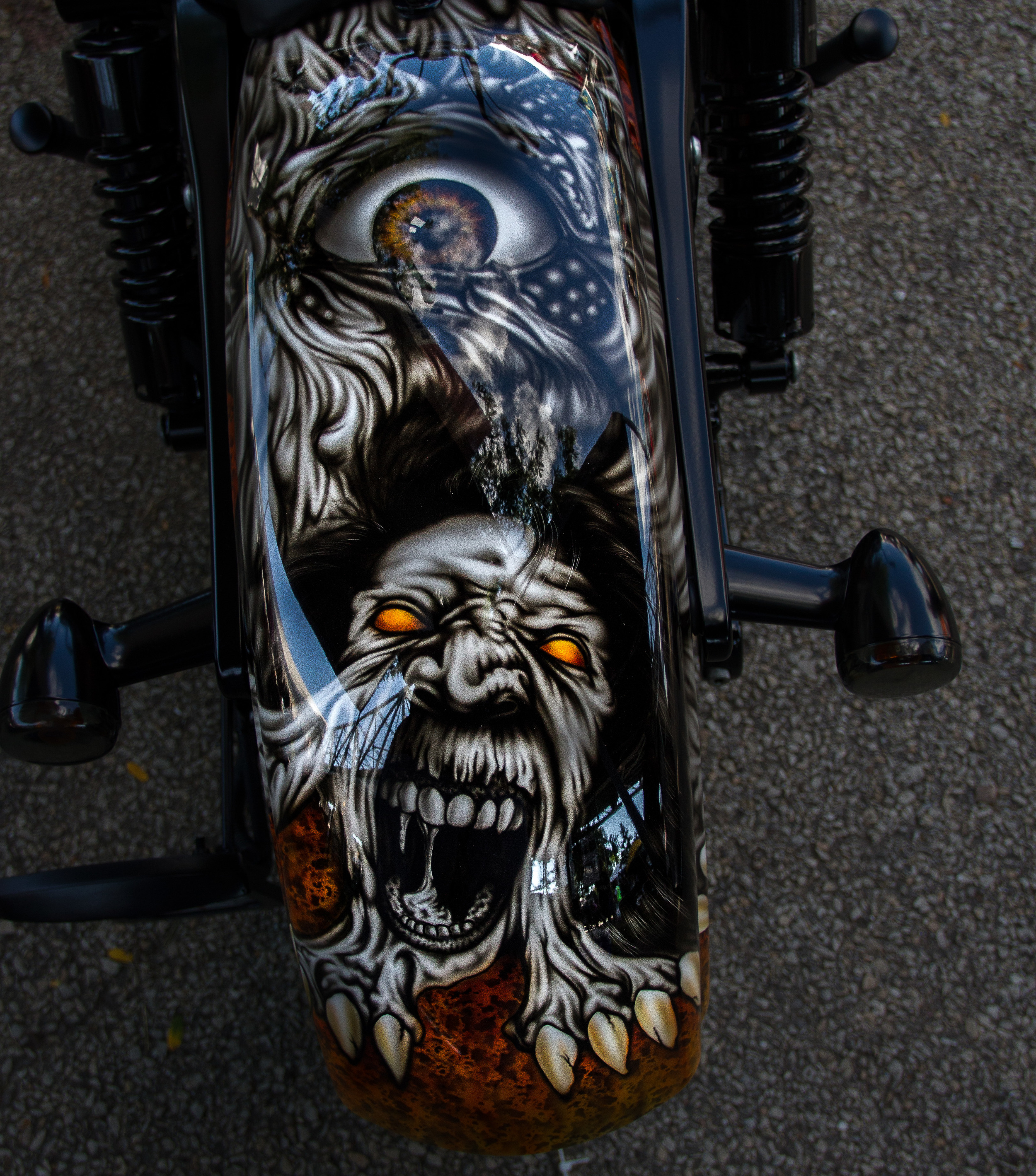 A shot looking down of the back of "Nightmare", a 2007 Harley Davidson Street Bob.