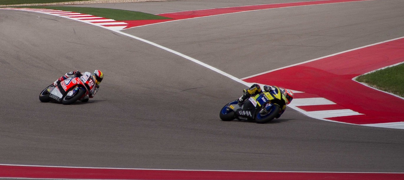  Here is another area of the track I got to to see some action.&nbsp; Here are two riders turning into Turn 9 at the Circuit of the Americas (COTA) 