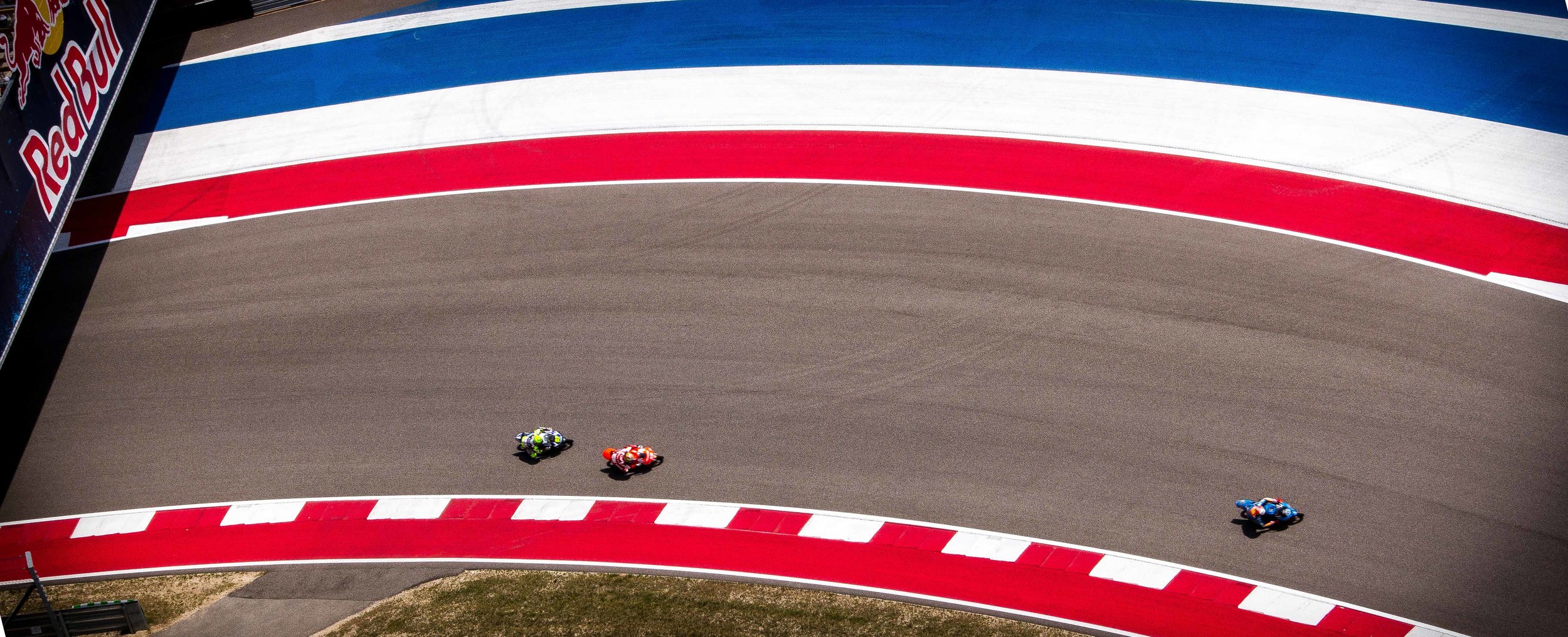  Here is a shot from the Observation tower looking down on riders at turn 16 of the Circuit of the Americas (COTA). 