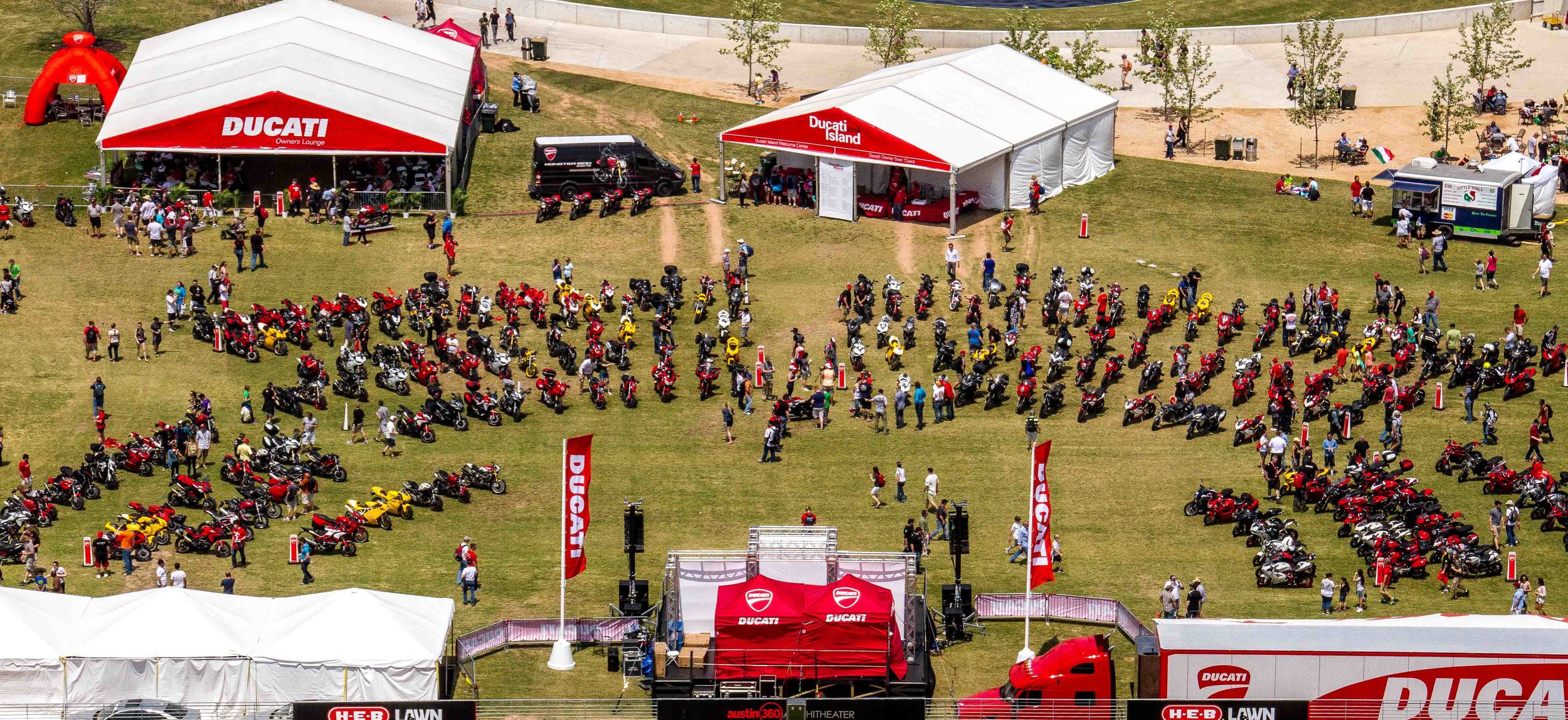 Each moto GP Event I have been to (only Indianapolis and Austin, Tx) there is Ducati Island (Ducati set up a nice area for Ducati owners to park and have some nice seats at the track. Here is a shot on Ducati Island from the rea of the Observation tower.