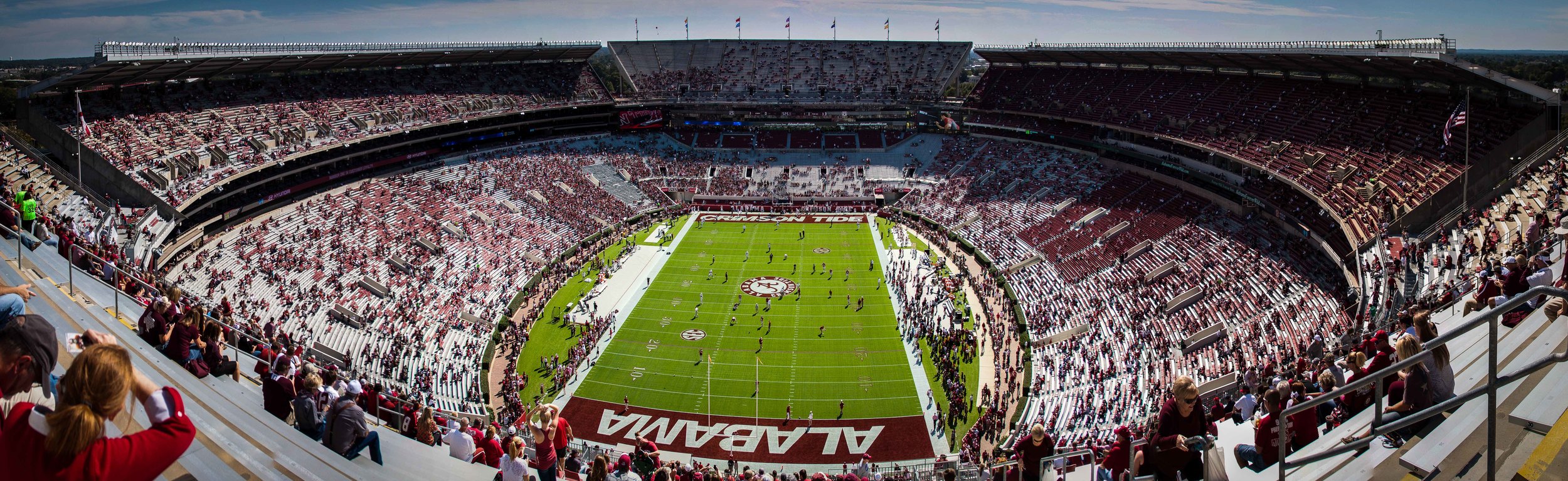 Here is another attempt of a panoramic shot of Bryant-Denny stadium. I arrived 2 hours before kickoff to grab this shot. I was a bit ticked at one of the stadium workers who told me that I could not get to the top if I didn't have a ticket to sit up there. Really? You telling me that I have to buy a ticket to sit up there even though I am in the stadium?!?!. Needless to say I was able to find my way to the north end zone and take some shots and make this shot.
