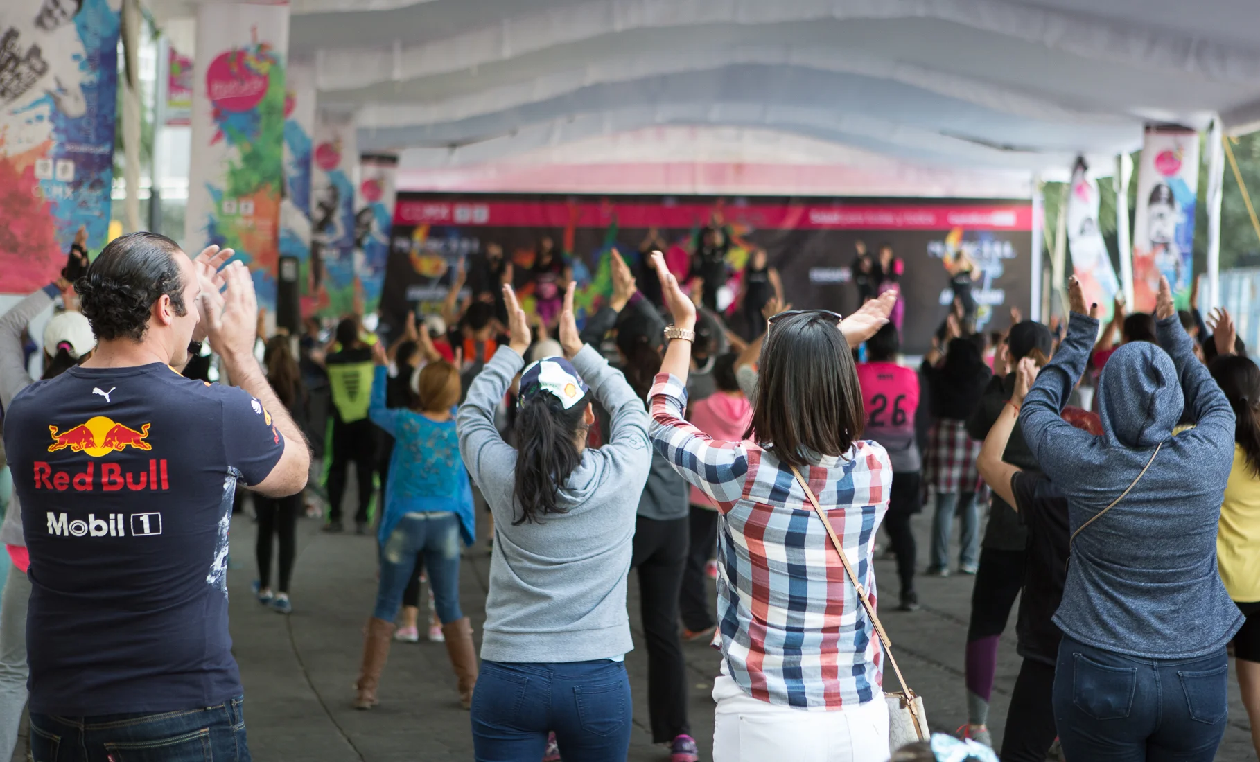 Participants take part of a group exercise outside of the Angel de la Independecia (Angel of Independence) in Mexico City Mexico. 