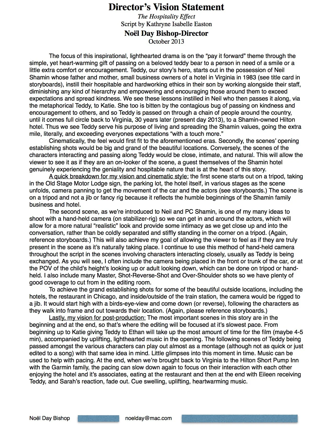 Director's Vision Statement for "The Hospitality Effect" for RIFF Short Film Contest October 2013_Noel Day Bishop