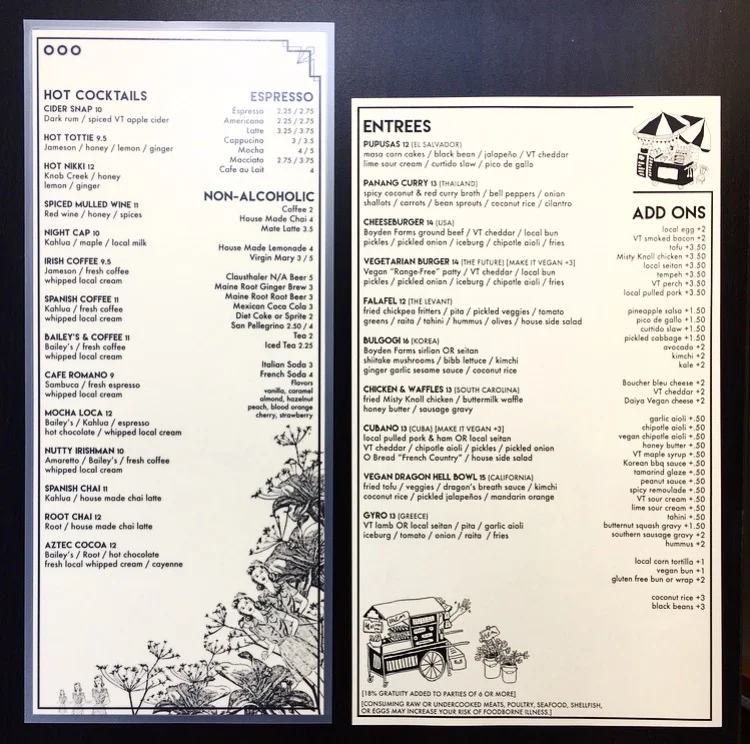 Menus for Radio Bean & ¡Duino! (Duende) - conjoined but aesthetically separate spaces. 2017