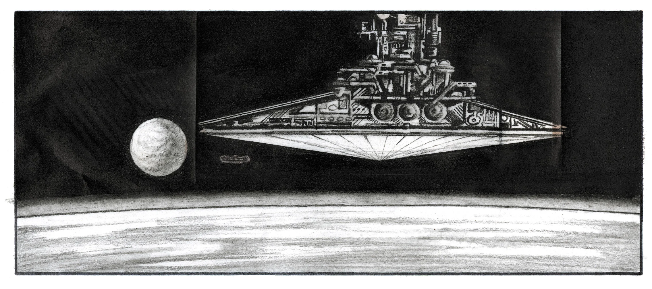 A lone rebel ship pursued by four Star Destroyers (not all were depicted) - Alex Tavoularis