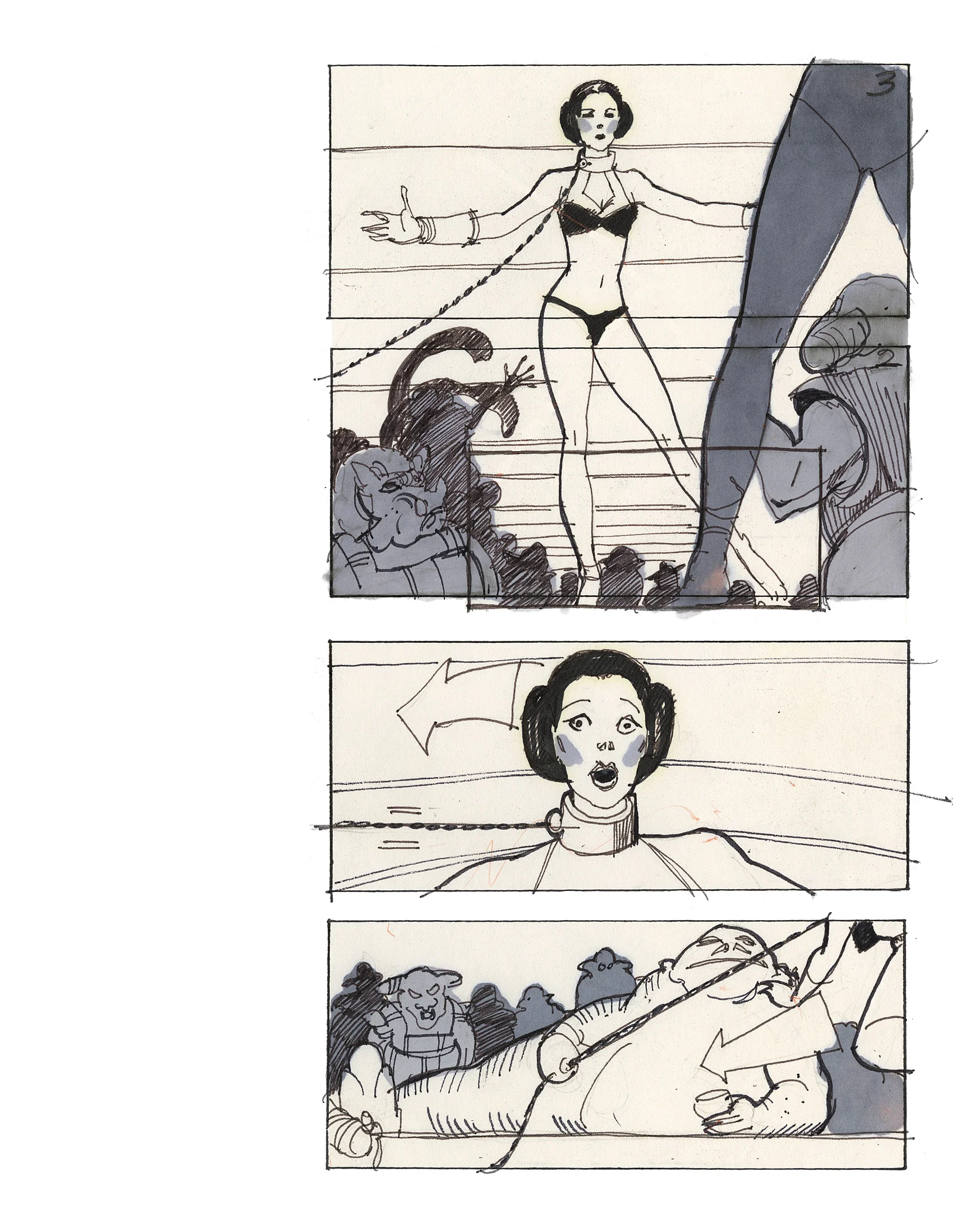 An unidentified storyboard artist, probably working with director Richard Marquand in the UK, drew an early set of storyboards for the barge and Sarlacc sequences.
