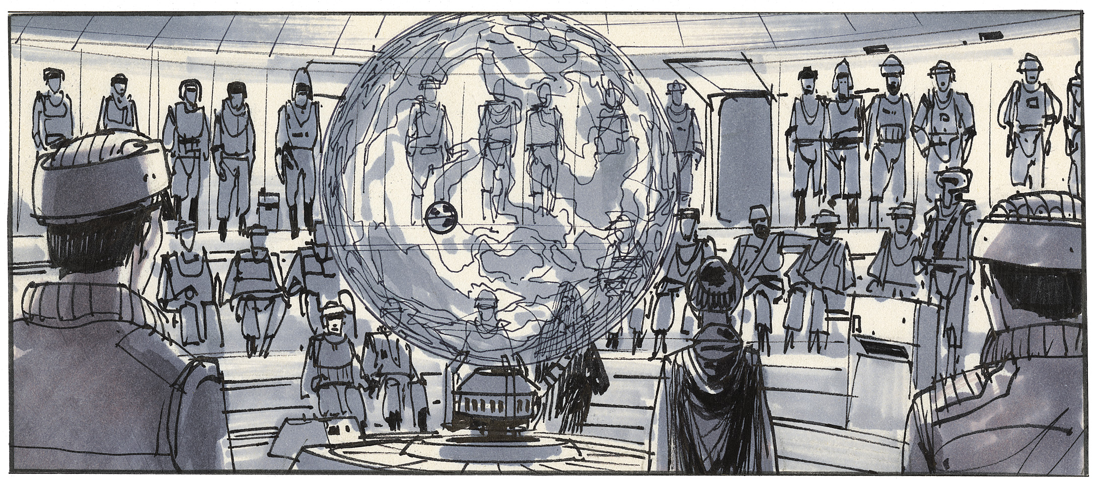 Aboard the rebel "headquarters frigate", Mon Mothma, General Nadine, and Admiral Ackbar explain their strategy for destroying the second Death Star. - Joe Johnston