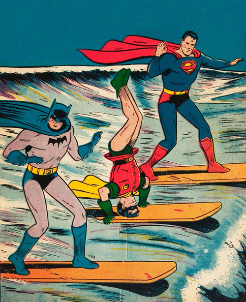 1964 Comic Art of Batman, Superman, and Robin Surfing