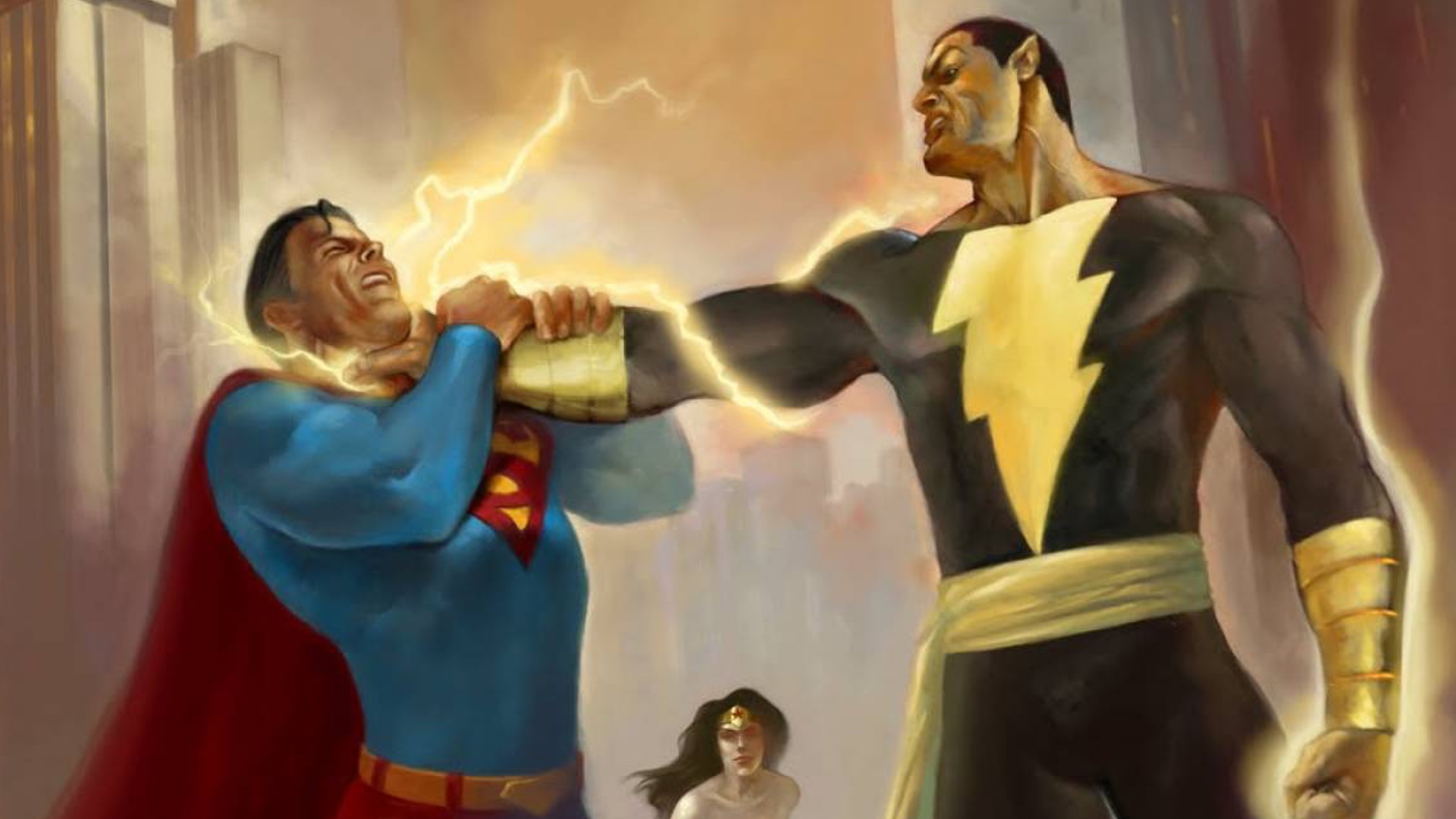 Dwayne Johnson As Black Adam Flying and Fighting with Henry Cavill