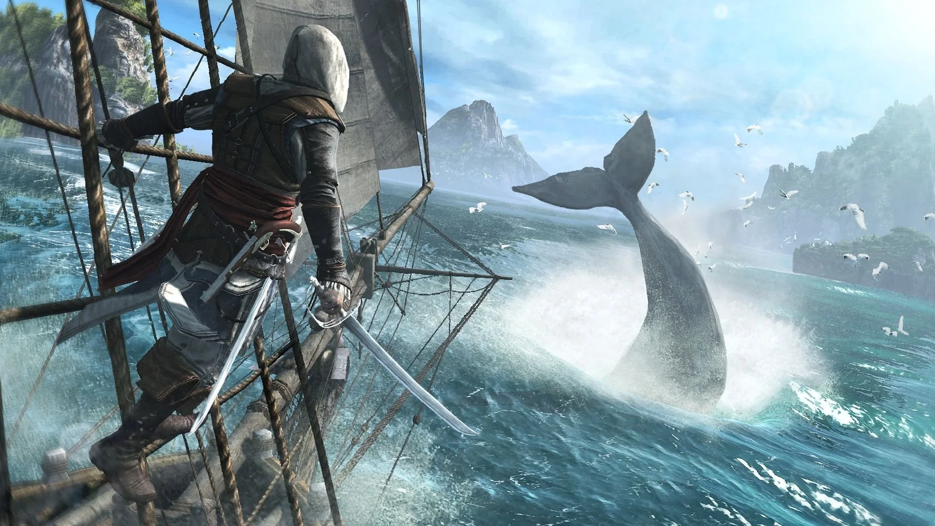 An assassin pirate sails with a cutlass in his hand as a whale dives into the ocean!