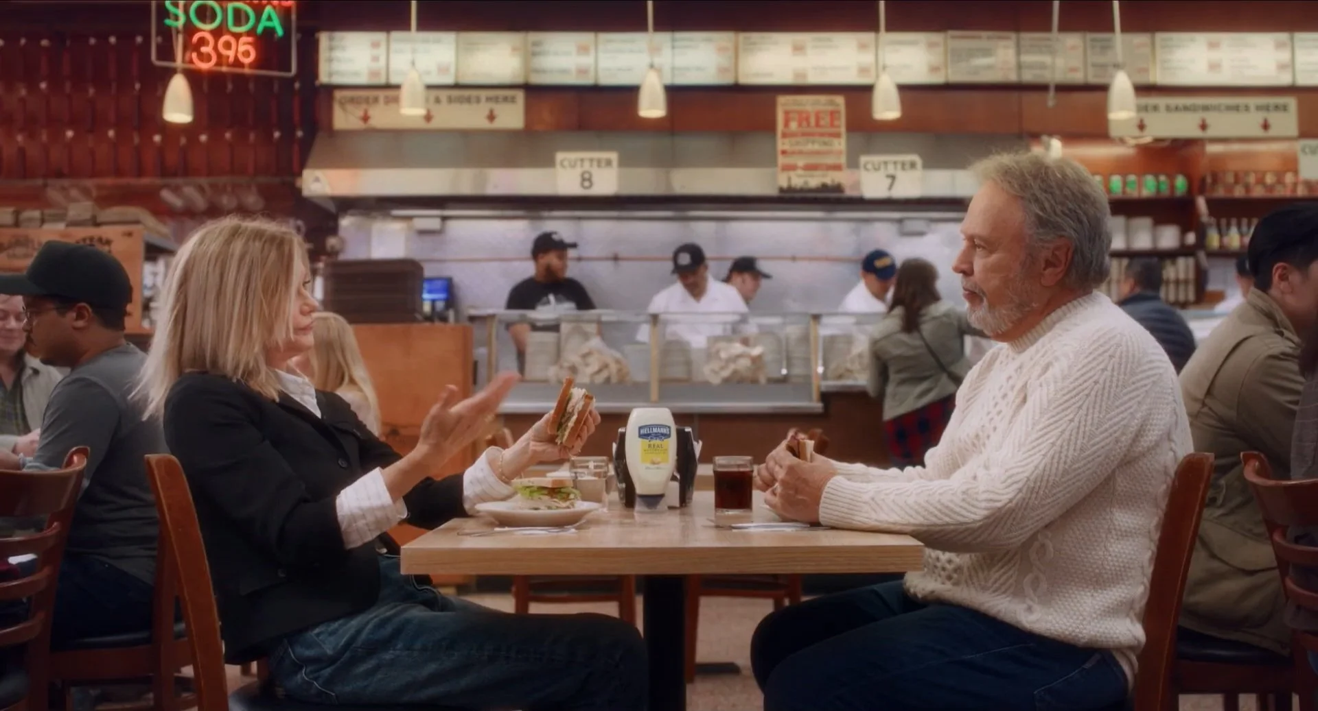 Meg Ryan and Billy Crystal recreate when Harry met Sally’s scene for the announcement of Hellman’s Super Bowl with Sydney Sweeney