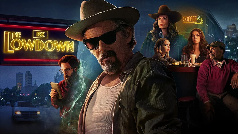 The Lowdown series poster with Ethan Hawke in a hat against a Tulsa noir backdrop