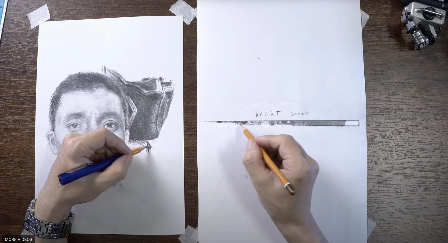 Watch Artist Simultaneously Draw Like a Flatbed Scanner On One Side and ...