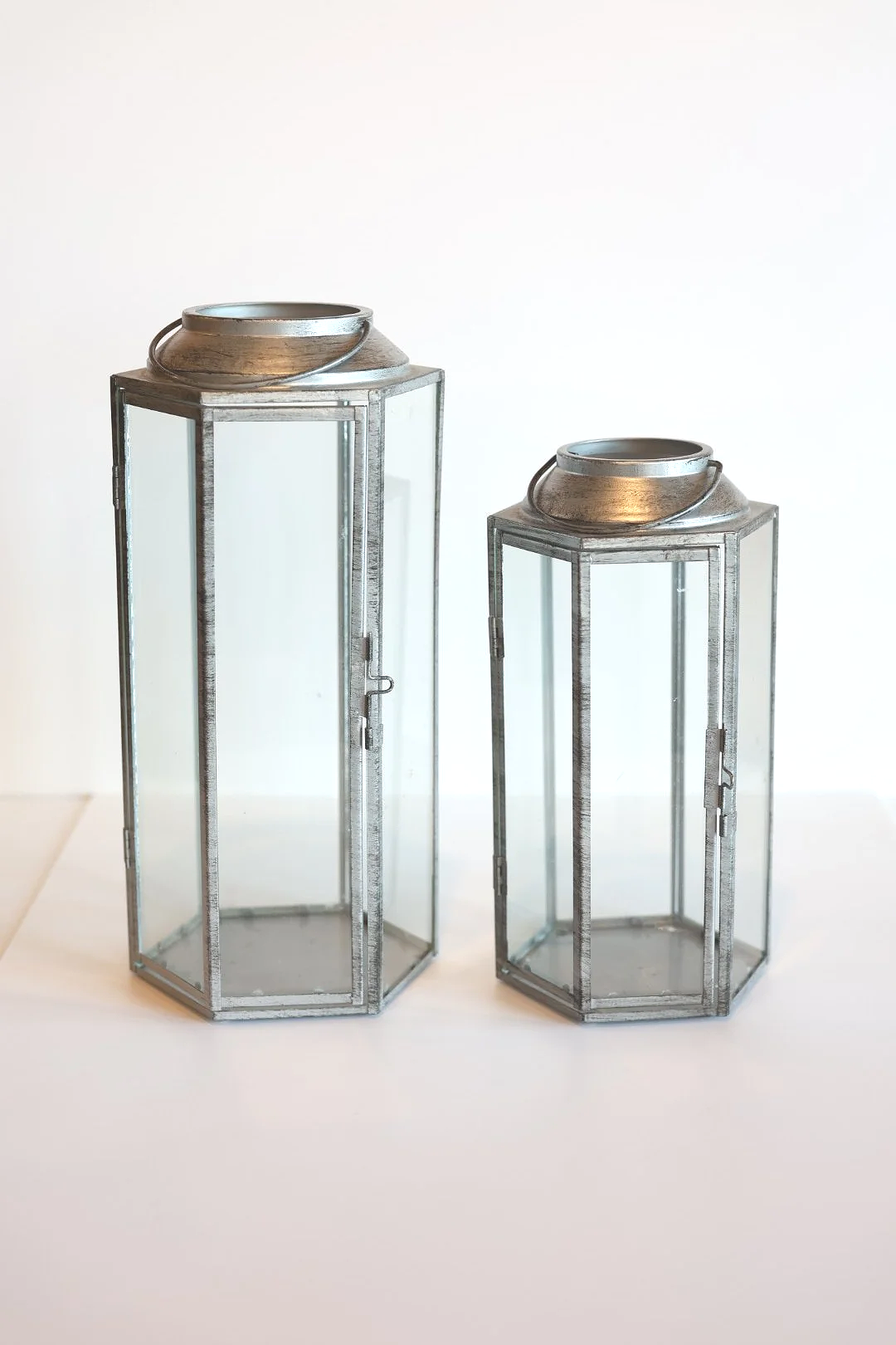 Small Silver Metal and Glass Lanterns