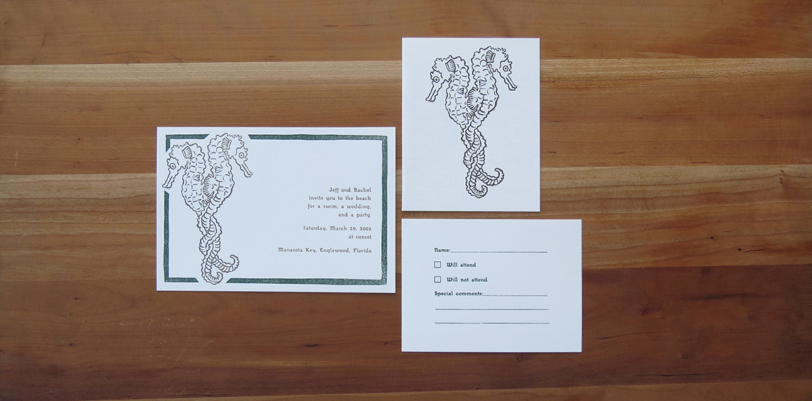 3-color wedding invitation. 1-color thank you card. 1-color RSVP card. 2003