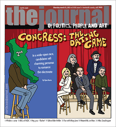 March 15, 2012 cover of the North Coast Journal. Pen and Photoshop
illustration for a story about the March 2012 California congressional election. Copyright 2012 North
Coast Journal. All rights reserved.