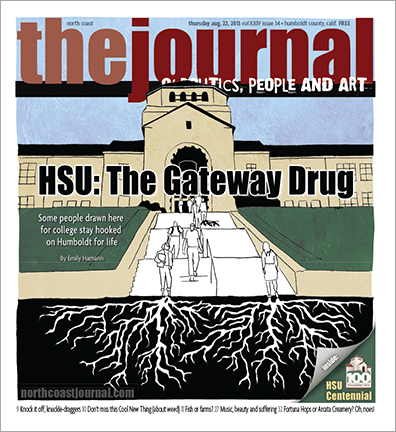 Aug. 22, 2013 cover of the North Coast Journal. Pencil and Photoshop illustration for a story about how many students attend Humboldt State University and become rooted in the community. Copyright 2013 North Coast Journal. All rights reserved.