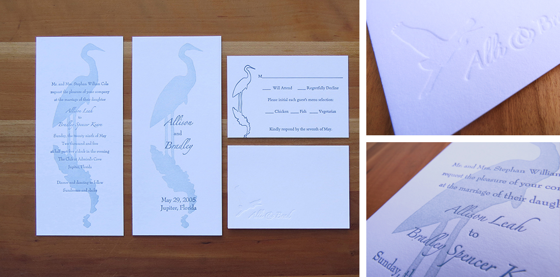 2-color wedding invitation. 2-color program cover. 1-color RSVP card. 1-color (blind) thank you card. Four 1-color placecards (not shown). 2005 